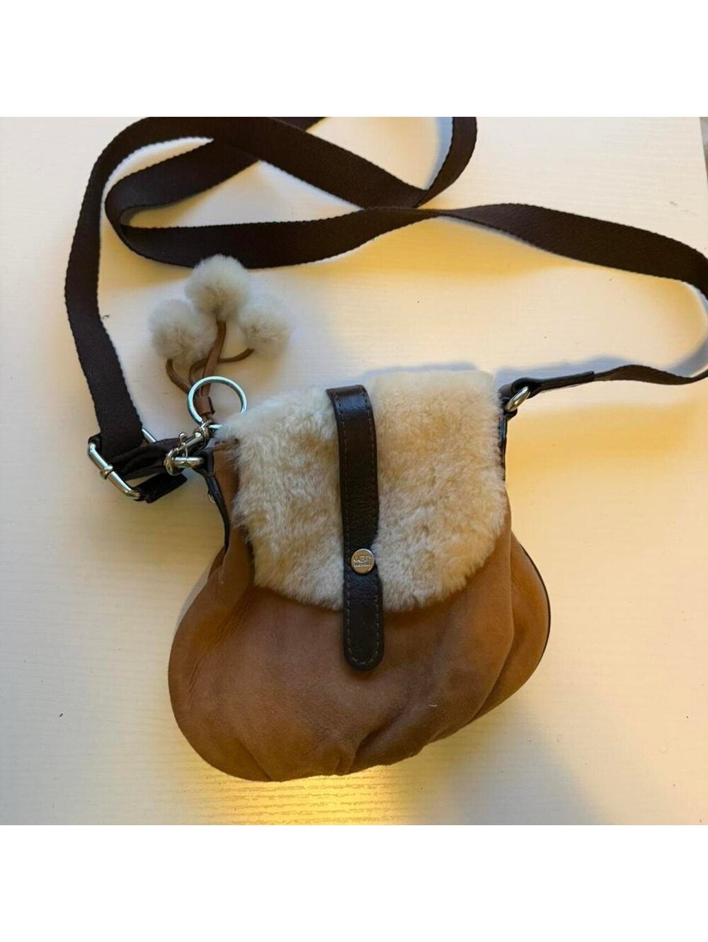 UGG Australia Brown Shearling Crossbody Bag with Pom Pom